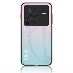 Vivo X80 Pro 5G用ハイブリットバンパーケース プラスチック 鏡面 虹 グラデーション 勾配色 カバー LS1 Vivo シアン