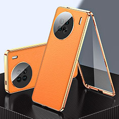 Vivo X90 5G用360度 フルカバー ケース 高級感 手触り良い アルミメタル 製の金属製 と レザー Vivo オレンジ