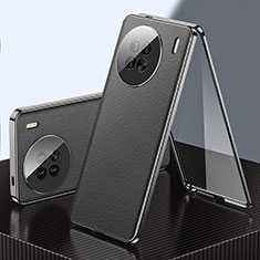 Vivo X90 5G用360度 フルカバー ケース 高級感 手触り良い アルミメタル 製の金属製 と レザー Vivo ブラック