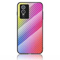 Vivo Y76 5G用ハイブリットバンパーケース プラスチック 鏡面 虹 グラデーション 勾配色 カバー LS2 Vivo ピンク