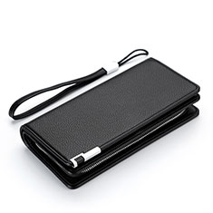 Oppo A17K用lichee パターンハンドバッグ ポーチ 財布型ケース レザー ユニバーサル H37 ブラック