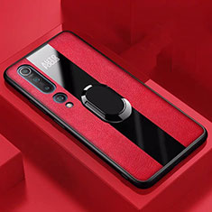 Xiaomi Mi 10用シリコンケース ソフトタッチラバー レザー柄 アンド指輪 マグネット式 S01 Xiaomi レッド