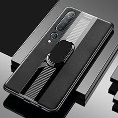 Xiaomi Mi 10用シリコンケース ソフトタッチラバー レザー柄 アンド指輪 マグネット式 A01 Xiaomi ブラック