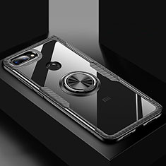 Xiaomi Mi 8 Lite用360度 フルカバーハイブリットバンパーケース クリア透明 プラスチック 鏡面 アンド指輪 マグネット式 Xiaomi ブラック