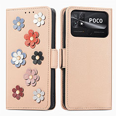 Xiaomi Poco C40用手帳型 レザーケース スタンド 花 カバー S02D Xiaomi カーキ色