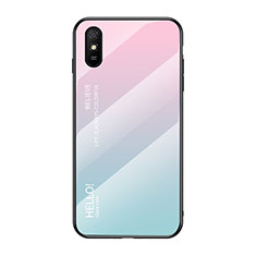 Xiaomi Redmi 9AT用ハイブリットバンパーケース プラスチック 鏡面 虹 グラデーション 勾配色 カバー LS1 Xiaomi シアン