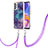 Samsung Galaxy M32 5G用シリコンケース ソフトタッチラバー バタフライ パターン カバー 携帯ストラップ YB7 サムスン パープル