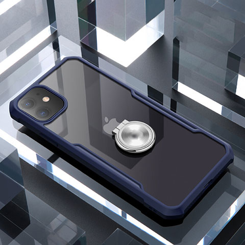Apple iPhone 11用360度 フルカバーハイブリットバンパーケース クリア透明 プラスチック 鏡面 アンド指輪 マグネット式 アップル ネイビー