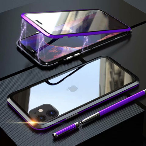 Apple iPhone 11用ケース 高級感 手触り良い アルミメタル 製の金属製 360度 フルカバーバンパー 鏡面 カバー M08 アップル パープル