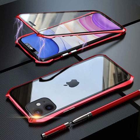 Apple iPhone 11用ケース 高級感 手触り良い アルミメタル 製の金属製 360度 フルカバーバンパー 鏡面 カバー M06 アップル レッド