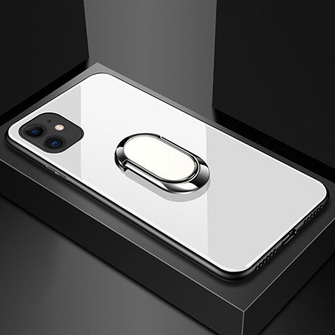 Apple iPhone 11用ハイブリットバンパーケース プラスチック 鏡面 カバー アンド指輪 マグネット式 T01 アップル ホワイト