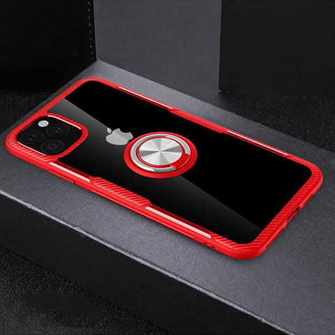 Apple iPhone 11 Pro用360度 フルカバーハイブリットバンパーケース クリア透明 プラスチック 鏡面 アンド指輪 マグネット式 M01 アップル レッド