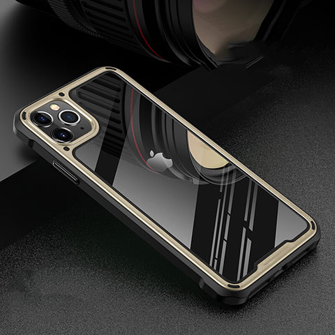 Apple iPhone 11 Pro用ケース 高級感 手触り良い アルミメタル 製の金属製 360度 フルカバーバンパー 鏡面 カバー T03 アップル ゴールド