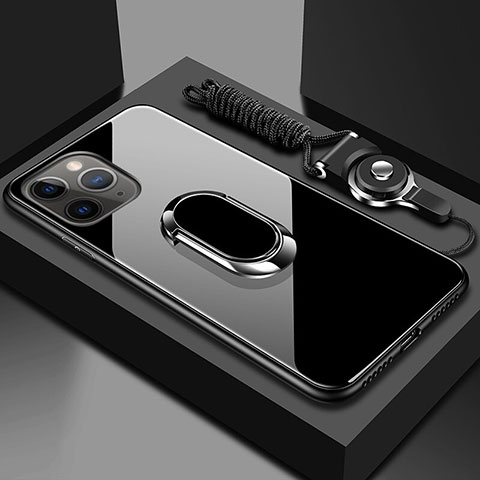 Apple iPhone 11 Pro用ハイブリットバンパーケース プラスチック 鏡面 カバー アンド指輪 マグネット式 T01 アップル ブラック