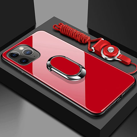 Apple iPhone 11 Pro Max用ハイブリットバンパーケース プラスチック 鏡面 カバー アンド指輪 マグネット式 T01 アップル レッド