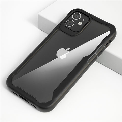 Apple iPhone 12用ハイブリットバンパーケース クリア透明 プラスチック 鏡面 カバー M01 アップル ブラック