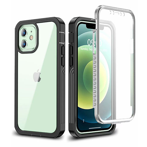 Apple iPhone 12用360度 フルカバーハイブリットバンパーケース クリア透明 プラスチック 鏡面 アップル ブラック