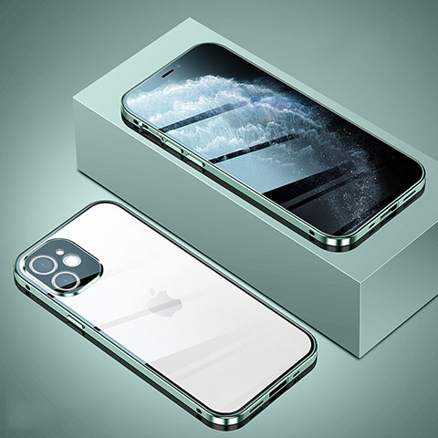 Apple iPhone 12用ケース 高級感 手触り良い アルミメタル 製の金属製 360度 フルカバーバンパー 鏡面 カバー T02 アップル ライトグリーン