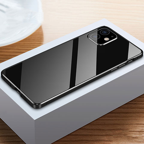 Apple iPhone 12用ケース 高級感 手触り良い アルミメタル 製の金属製 360度 フルカバーバンパー 鏡面 カバー T03 アップル ブラック