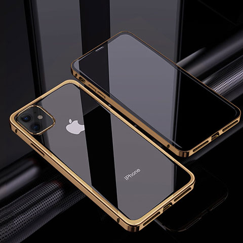 Apple iPhone 12用ケース 高級感 手触り良い アルミメタル 製の金属製 360度 フルカバーバンパー 鏡面 カバー T06 アップル ゴールド