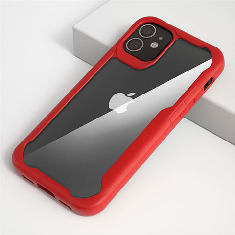 Apple iPhone 12 Max用ハイブリットバンパーケース クリア透明 プラスチック 鏡面 カバー M01 アップル レッド