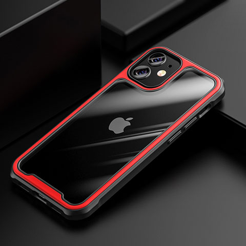 Apple iPhone 12 Mini用ハイブリットバンパーケース クリア透明 プラスチック 鏡面 カバー M03 アップル レッド
