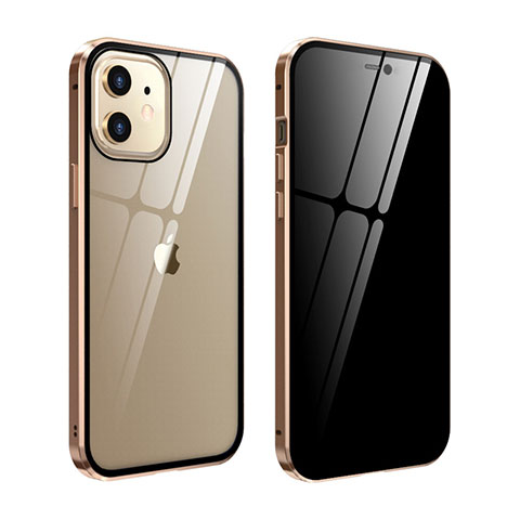 Apple iPhone 12 Mini用ケース 高級感 手触り良い アルミメタル 製の金属製 360度 フルカバーバンパー 鏡面 カバー T05 アップル ゴールド