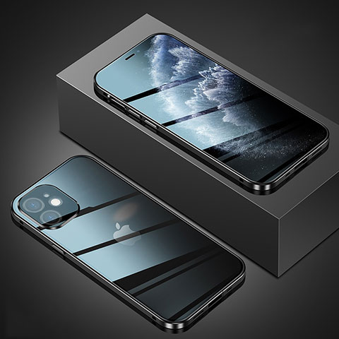 Apple iPhone 12 Mini用ケース 高級感 手触り良い アルミメタル 製の金属製 360度 フルカバーバンパー 鏡面 カバー T02 アップル ブラック