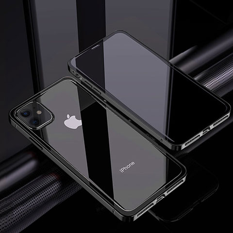 Apple iPhone 12 Mini用ケース 高級感 手触り良い アルミメタル 製の金属製 360度 フルカバーバンパー 鏡面 カバー T06 アップル ブラック
