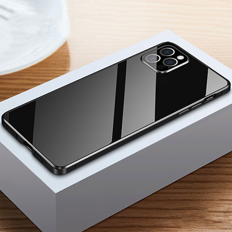 Apple iPhone 12 Pro用ケース 高級感 手触り良い アルミメタル 製の金属製 360度 フルカバーバンパー 鏡面 カバー T03 アップル ブラック