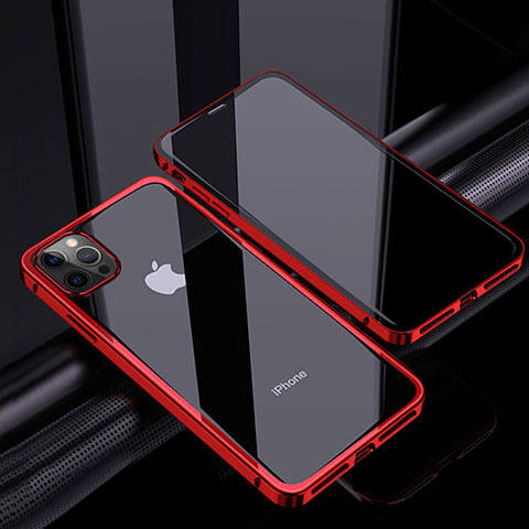 Apple iPhone 12 Pro用ケース 高級感 手触り良い アルミメタル 製の金属製 360度 フルカバーバンパー 鏡面 カバー T06 アップル レッド