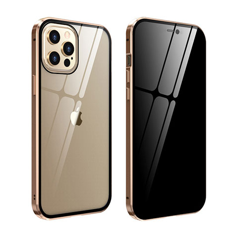 Apple iPhone 12 Pro Max用ケース 高級感 手触り良い アルミメタル 製の金属製 360度 フルカバーバンパー 鏡面 カバー T05 アップル ゴールド
