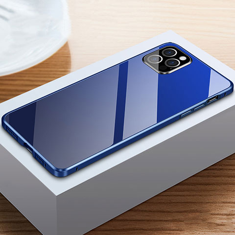 Apple iPhone 12 Pro Max用ケース 高級感 手触り良い アルミメタル 製の金属製 360度 フルカバーバンパー 鏡面 カバー T03 アップル ネイビー