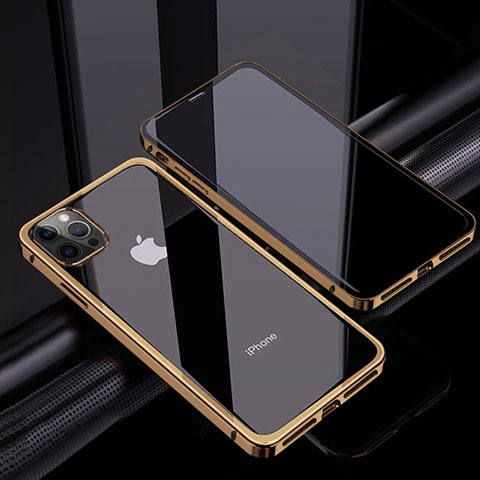 Apple iPhone 12 Pro Max用ケース 高級感 手触り良い アルミメタル 製の金属製 360度 フルカバーバンパー 鏡面 カバー T06 アップル ゴールド