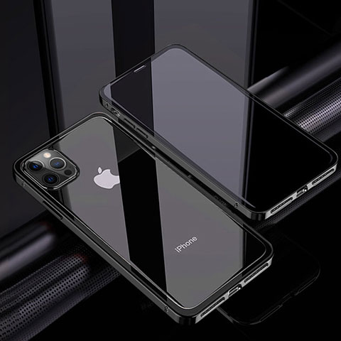 Apple iPhone 12 Pro Max用ケース 高級感 手触り良い アルミメタル 製の金属製 360度 フルカバーバンパー 鏡面 カバー T06 アップル ブラック