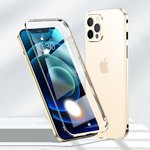 Apple iPhone 12 Pro Max用ケース 高級感 手触り良い アルミメタル 製の金属製 360度 フルカバーバンパー 鏡面 カバー N01 アップル ゴールド