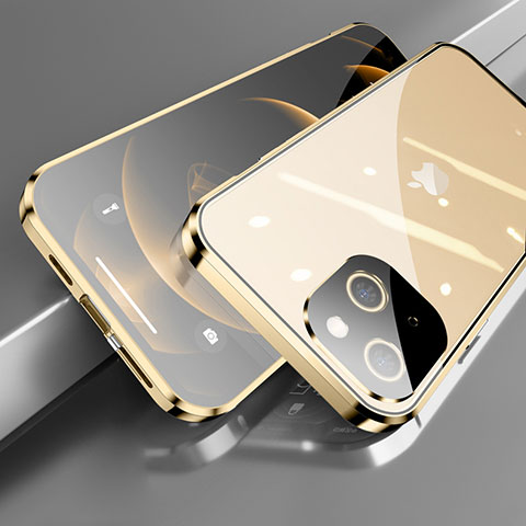 Apple iPhone 13 Mini用ケース 高級感 手触り良い アルミメタル 製の金属製 360度 フルカバーバンパー 鏡面 カバー M05 アップル ゴールド