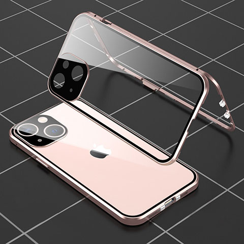 Apple iPhone 13 Mini用ケース 高級感 手触り良い アルミメタル 製の金属製 360度 フルカバーバンパー 鏡面 カバー M04 アップル ローズゴールド