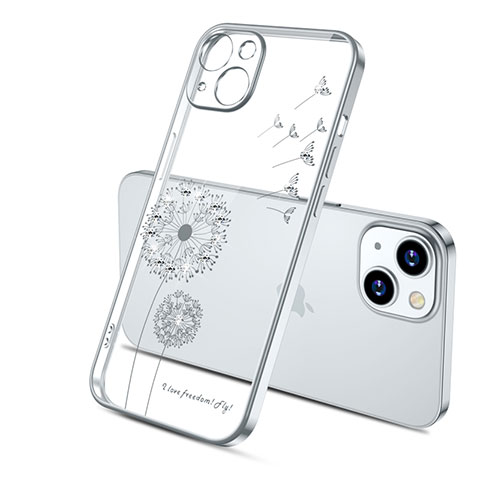 Apple iPhone 13 Mini用極薄ソフトケース シリコンケース 耐衝撃 全面保護 クリア透明 花 アップル シルバー