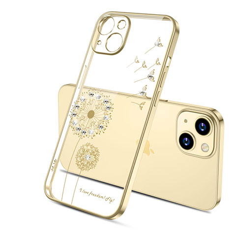 Apple iPhone 13 Mini用極薄ソフトケース シリコンケース 耐衝撃 全面保護 クリア透明 花 アップル ゴールド