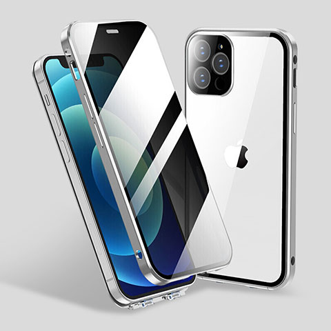 Apple iPhone 13 Pro用ケース 高級感 手触り良い アルミメタル 製の金属製 360度 フルカバーバンパー 鏡面 カバー M06 アップル シルバー