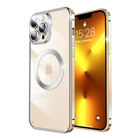 Apple iPhone 13 Pro用ケース 高級感 手触り良い メタル兼プラスチック バンパー Mag-Safe 磁気 Magnetic LF5 アップル ゴールド