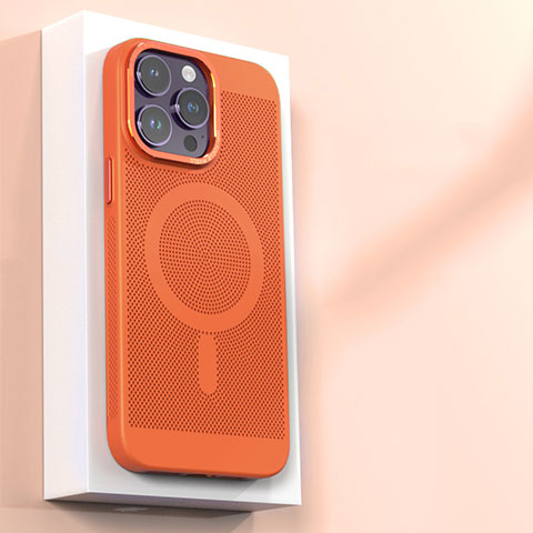 Apple iPhone 13 Pro用ハードケース プラスチック メッシュ デザイン カバー Mag-Safe 磁気 Magnetic アップル オレンジ