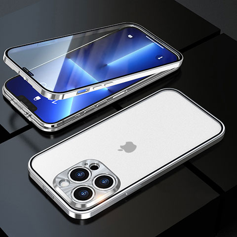 Apple iPhone 13 Pro Max用ケース 高級感 手触り良い アルミメタル 製の金属製 360度 フルカバーバンパー 鏡面 カバー M01 アップル シルバー