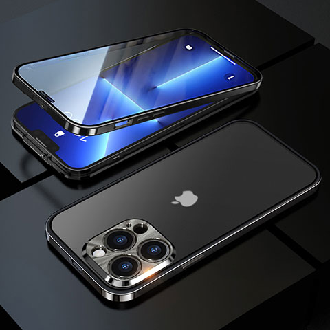 Apple iPhone 13 Pro Max用ケース 高級感 手触り良い アルミメタル 製の金属製 360度 フルカバーバンパー 鏡面 カバー M01 アップル ブラック
