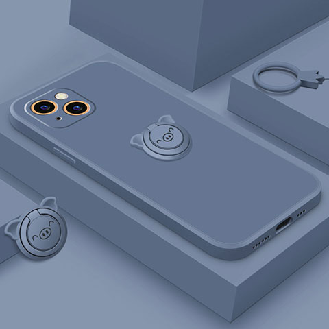 Apple iPhone 14用極薄ソフトケース シリコンケース 耐衝撃 全面保護 アンド指輪 マグネット式 バンパー A07 アップル ネイビー