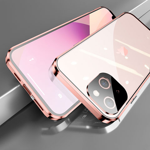 Apple iPhone 14用ケース 高級感 手触り良い アルミメタル 製の金属製 360度 フルカバーバンパー 鏡面 カバー M05 アップル ローズゴールド