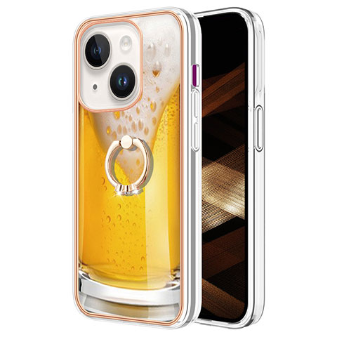 Apple iPhone 14用シリコンケース ソフトタッチラバー バタフライ パターン カバー アンド指輪 Y02B アップル イエロー