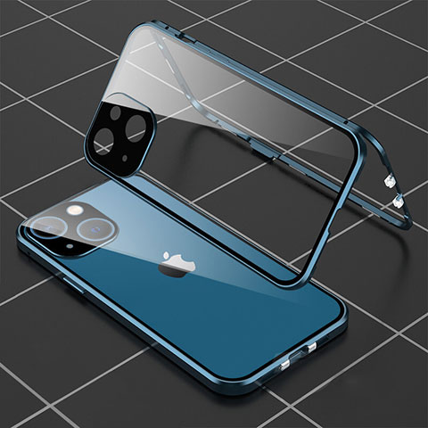 Apple iPhone 14 Plus用ケース 高級感 手触り良い アルミメタル 製の金属製 360度 フルカバーバンパー 鏡面 カバー M04 アップル ネイビー