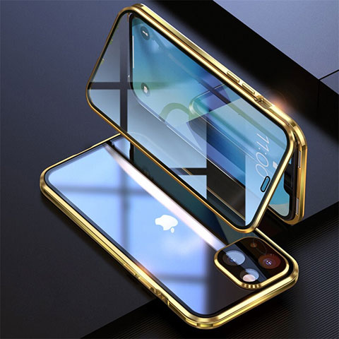 Apple iPhone 14 Plus用ケース 高級感 手触り良い アルミメタル 製の金属製 360度 フルカバーバンパー 鏡面 カバー M08 アップル ゴールド